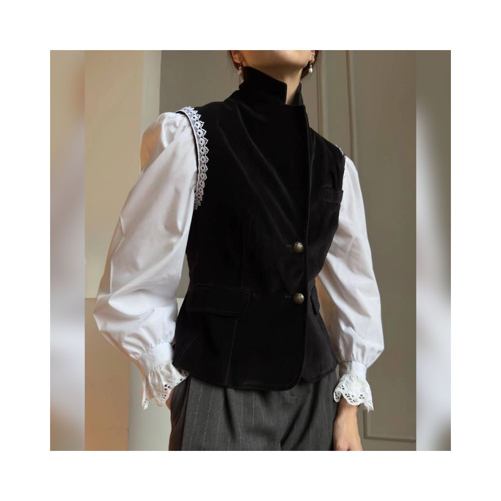 European style high end white shirt black high neck vest spring 2025 new fashionable and slimming outfit image 10