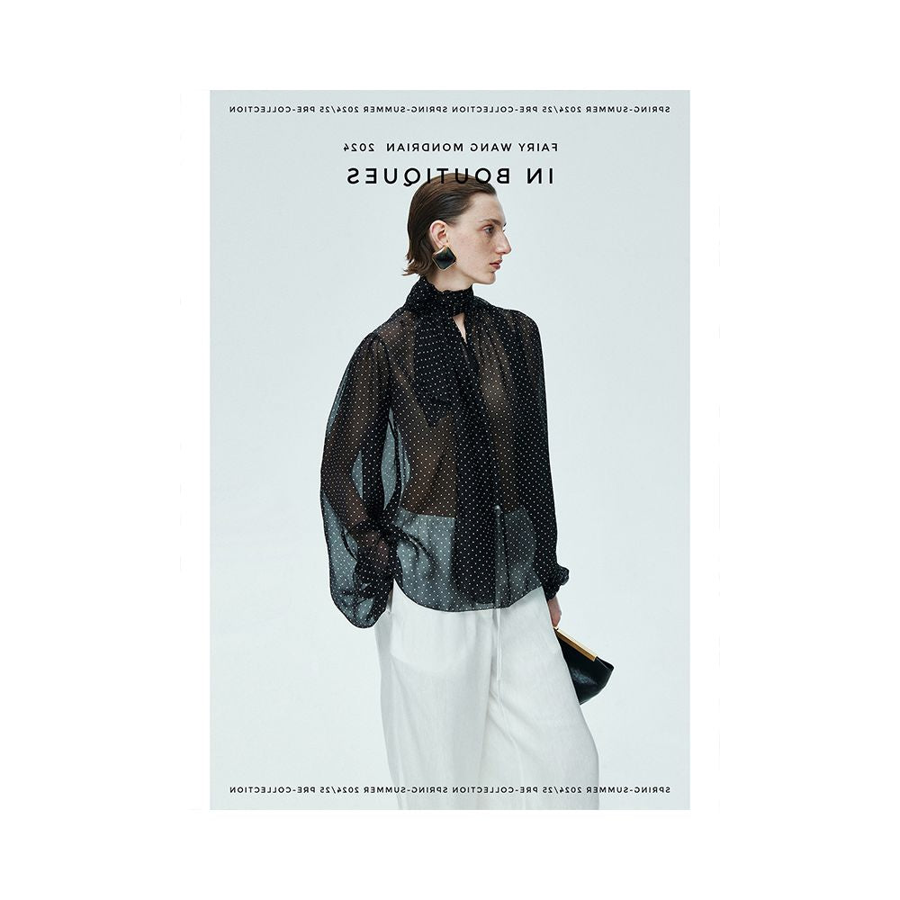 2025 Early Spring New Mulberry Silk Retro Style Polka Dot Ribbon Long Sleeve Silk Shirt Top for Women image 1