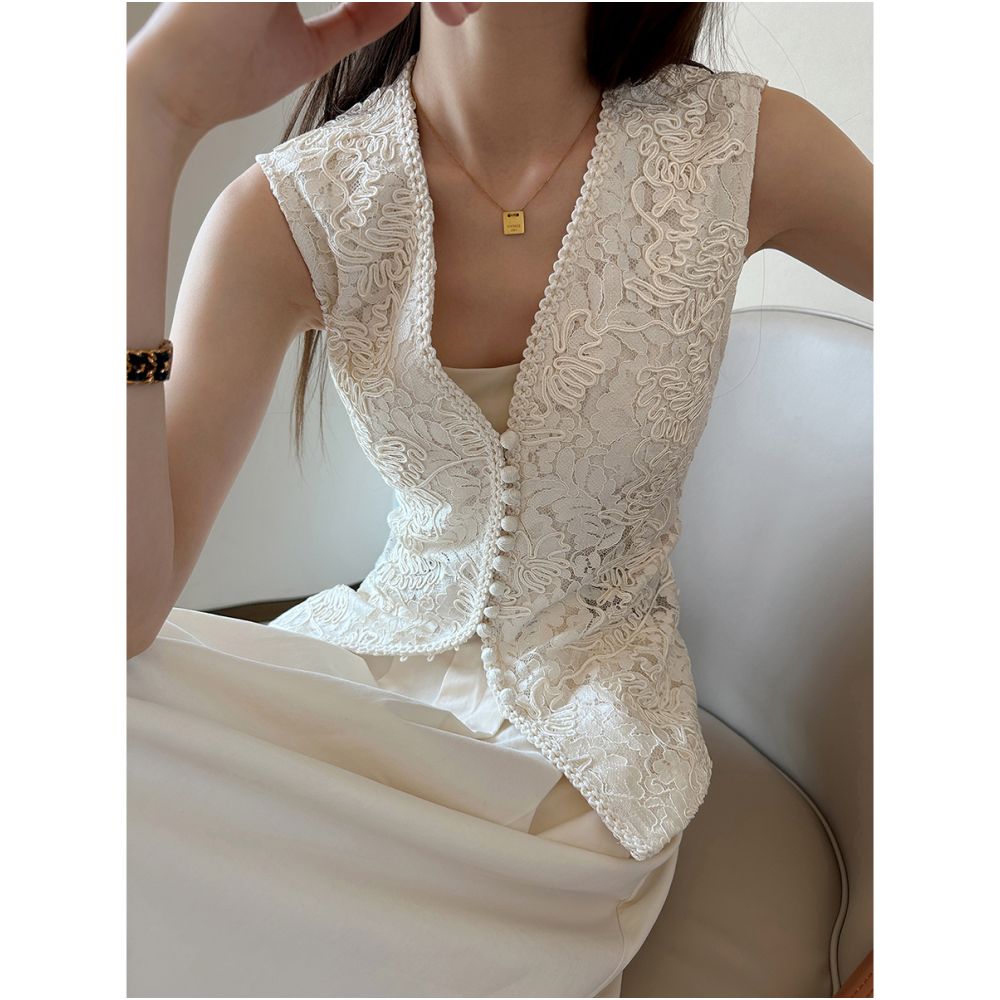 PINKEEN white small fragrant style V neck sleeveless vest women s summer 2025 new hollow hook flower temperament slimming top image 2