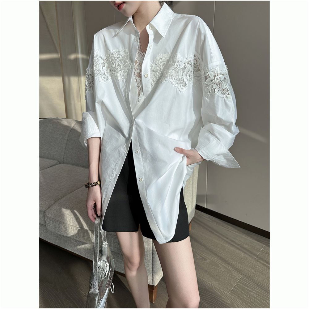 PINKEEN White Lace Hollow Long Sleeve Shirt for Women s Summer 2025 New French Elegant Loose Fashion Top image 2