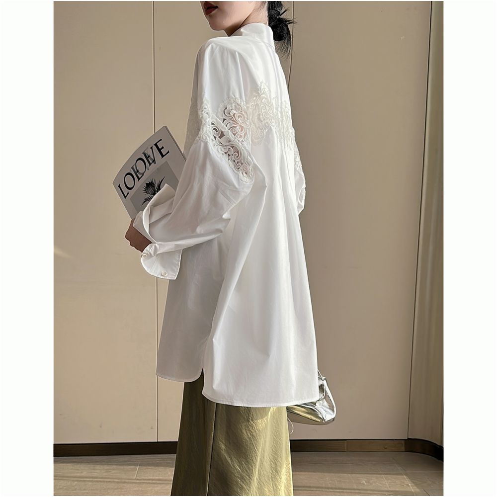 PINKEEN White Lace Hollow Long Sleeve Shirt for Women s Summer 2025 New French Elegant Loose Fashion Top image 4