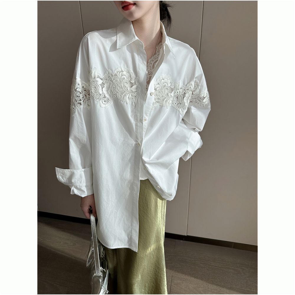 PINKEEN White Lace Hollow Long Sleeve Shirt for Women s Summer 2025 New French Elegant Loose Fashion Top image 0