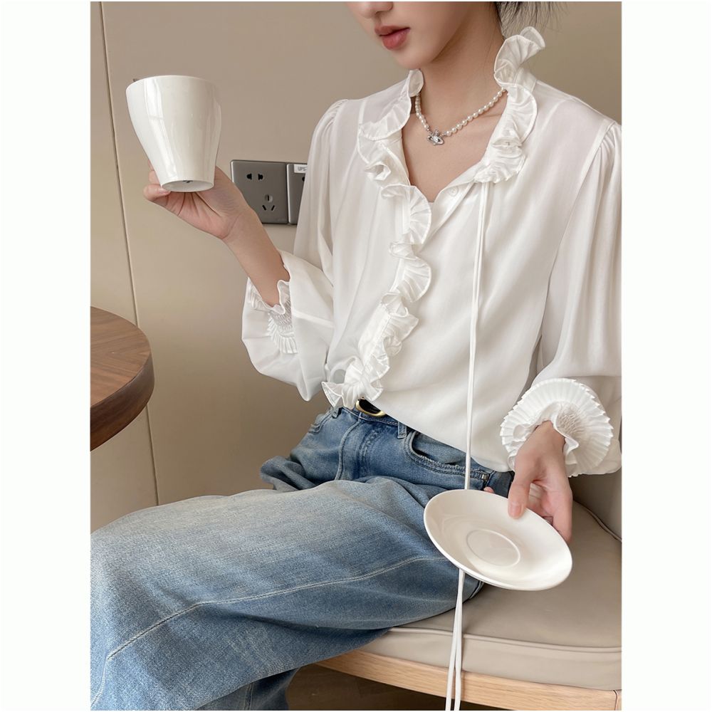 PINKEEN White Lace Long Sleeve Shirt for Women Autumn 2025 New Arrival High End Simple Elegant and Stylish Shirt image 3