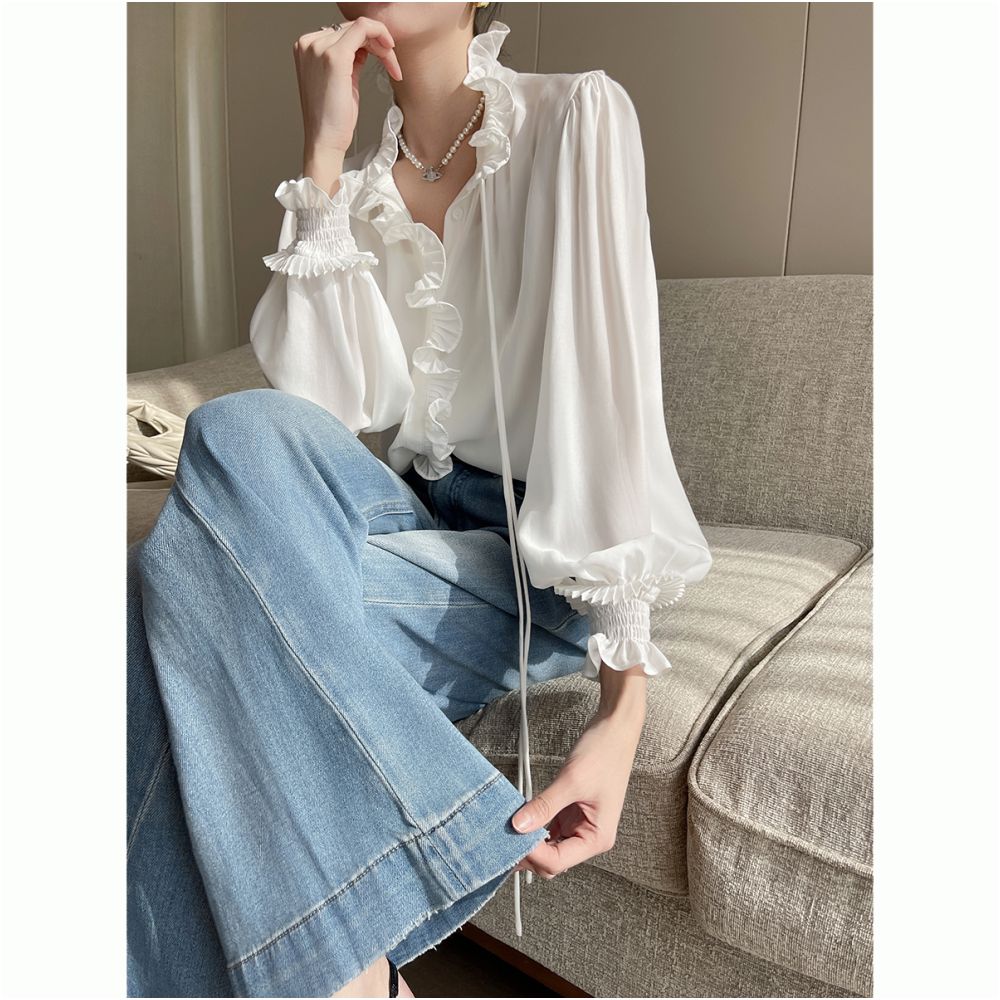 PINKEEN White Lace Long Sleeve Shirt for Women Autumn 2025 New Arrival High End Simple Elegant and Stylish Shirt image 4
