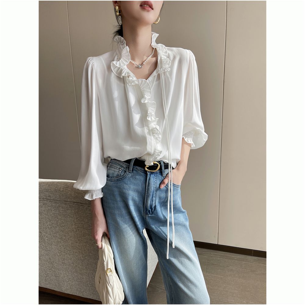 PINKEEN White Lace Long Sleeve Shirt for Women Autumn 2025 New Arrival High End Simple Elegant and Stylish Shirt image 5
