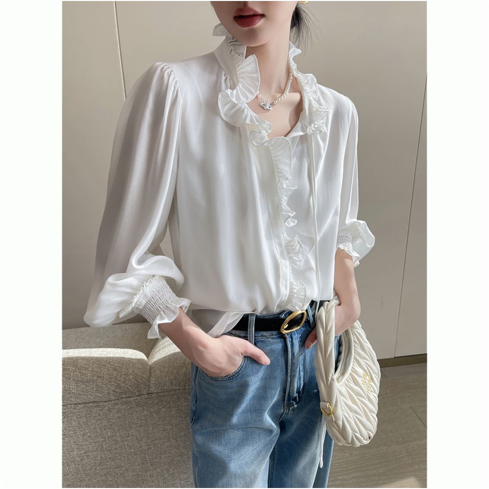 PINKEEN White Lace Long Sleeve Shirt for Women Autumn 2025 New Arrival High End Simple Elegant and Stylish Shirt image 0