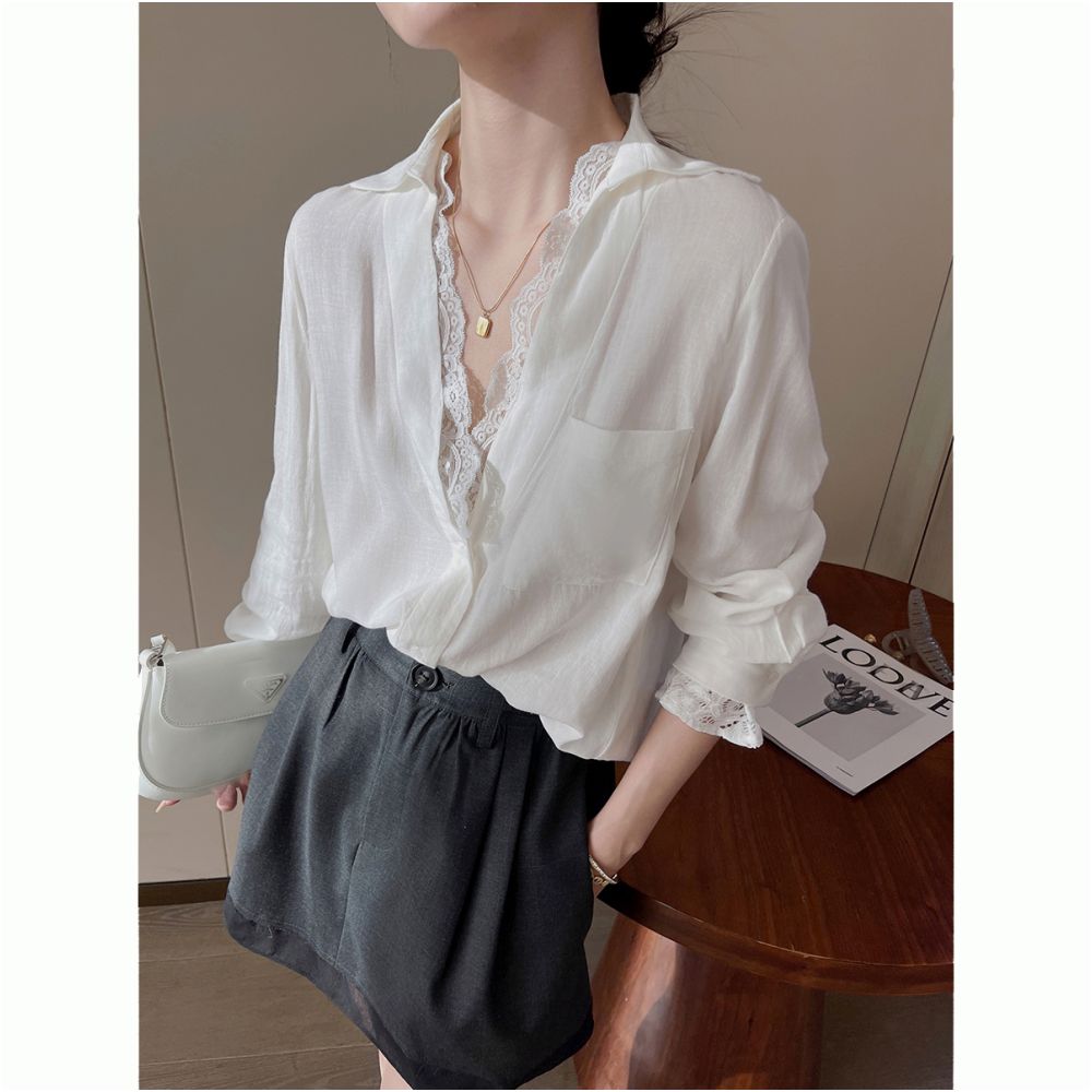 PINKEEN White V neck Lace Splicing Long Sleeve Shirt for Women Autumn 2025 New Fashionable Senior Top for Aging Reduction image 2