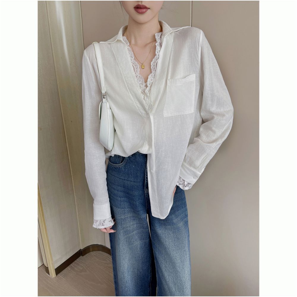 PINKEEN White V neck Lace Splicing Long Sleeve Shirt for Women Autumn 2025 New Fashionable Senior Top for Aging Reduction image 3