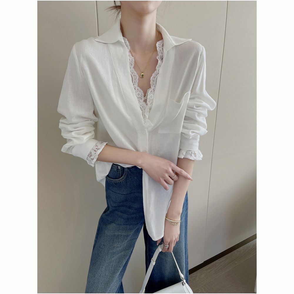 PINKEEN White V neck Lace Splicing Long Sleeve Shirt for Women Autumn 2025 New Fashionable Senior Top for Aging Reduction image 4