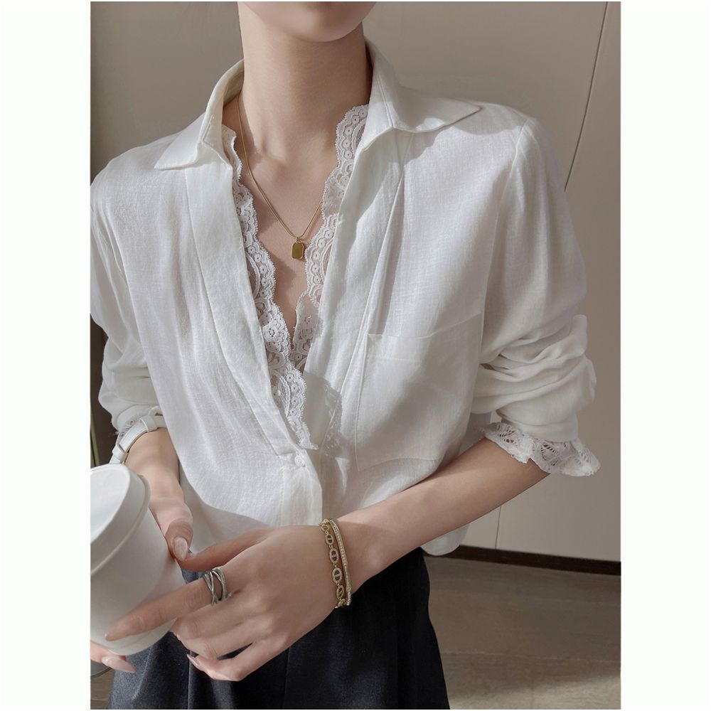 PINKEEN White V neck Lace Splicing Long Sleeve Shirt for Women Autumn 2025 New Fashionable Senior Top for Aging Reduction image 0
