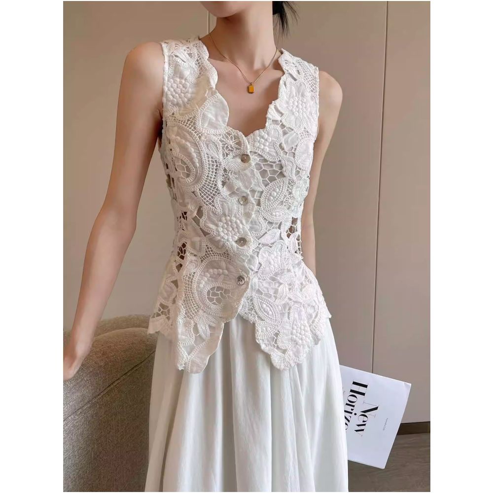 PINKEEN White V neck Sleeveless Heavy duty Vest Women s Summer 2025 New Collection Waist slimming Lace Hollow Top image 8