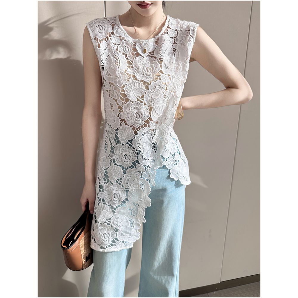 PINKEEN White Round Neck Sleeveless Irregular Lace Small Shirt for Women Summer 2025 New Unique Hollow Top image 1