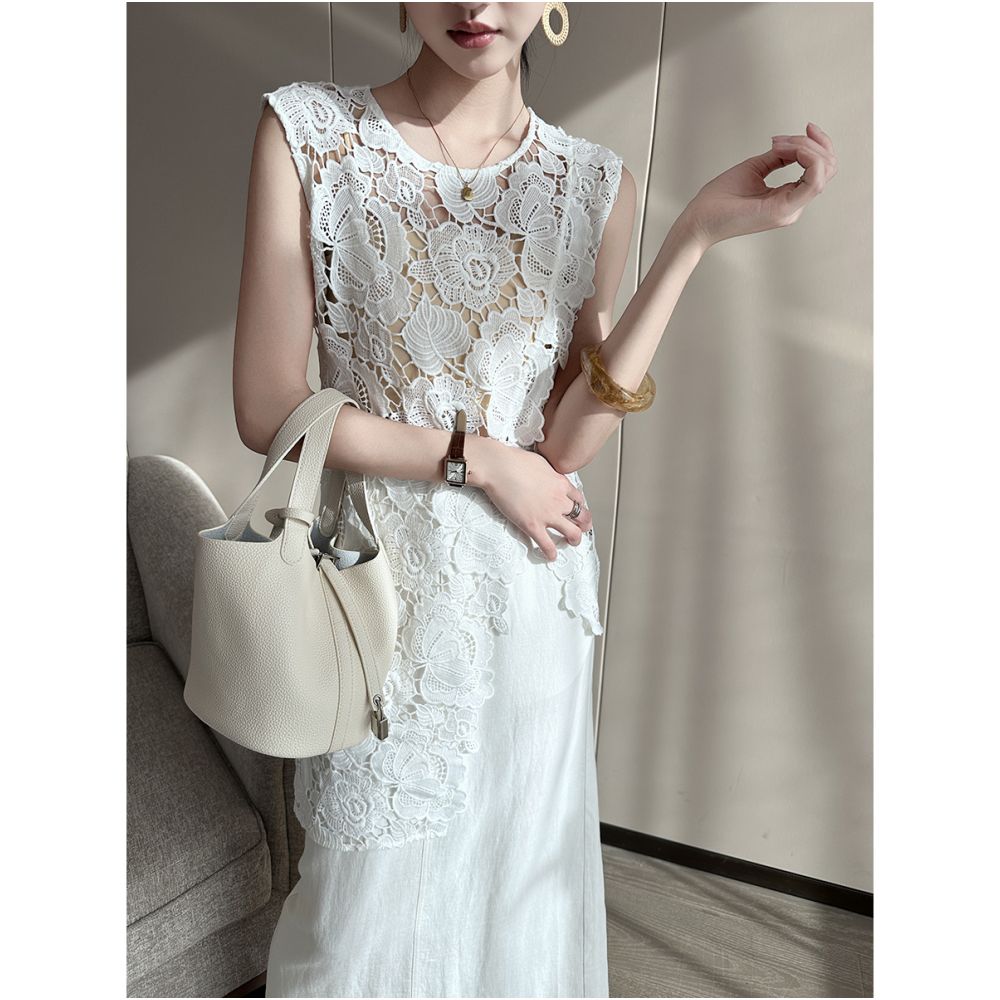 PINKEEN White Round Neck Sleeveless Irregular Lace Small Shirt for Women Summer 2025 New Unique Hollow Top image 4
