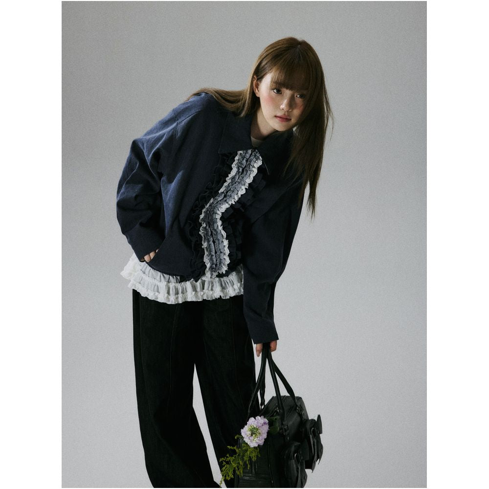 LOST FOREST Lazy Holiday Sweet Girlish Casual Lace Single Layer Cotton Jacket with Ruffled Trim image 0