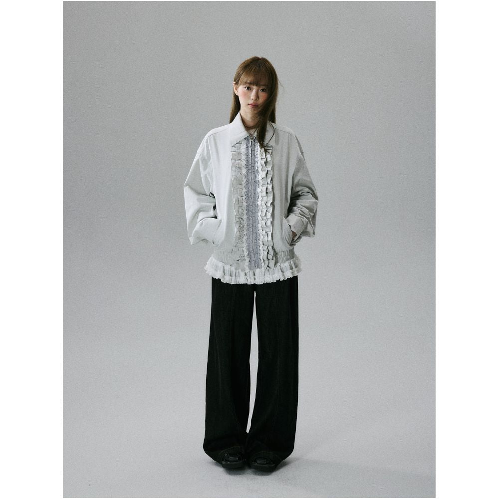 LOST FOREST Lazy Holiday Sweet Girlish Casual Lace Single Layer Cotton Jacket with Ruffled Trim image 1