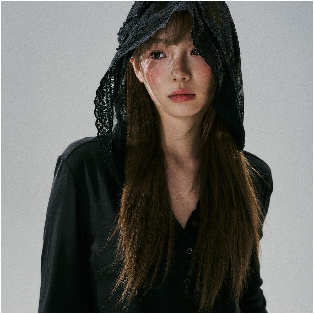 LOST FOREST Lace Bow Hat Black Long Sleeve Lyocell Loose Bottom Shirt Sweet Girl New image 1