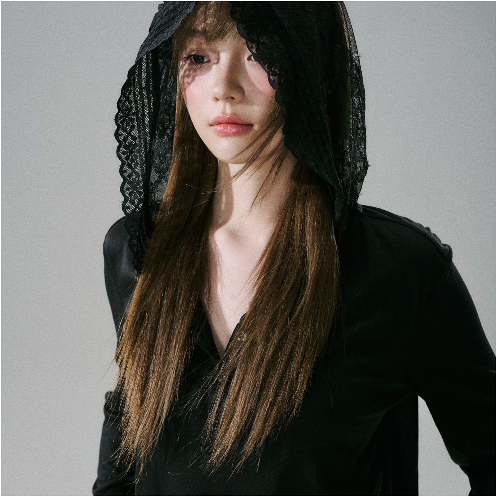 LOST FOREST Lace Bow Hat Black Long Sleeve Lyocell Loose Bottom Shirt Sweet Girl New image 3
