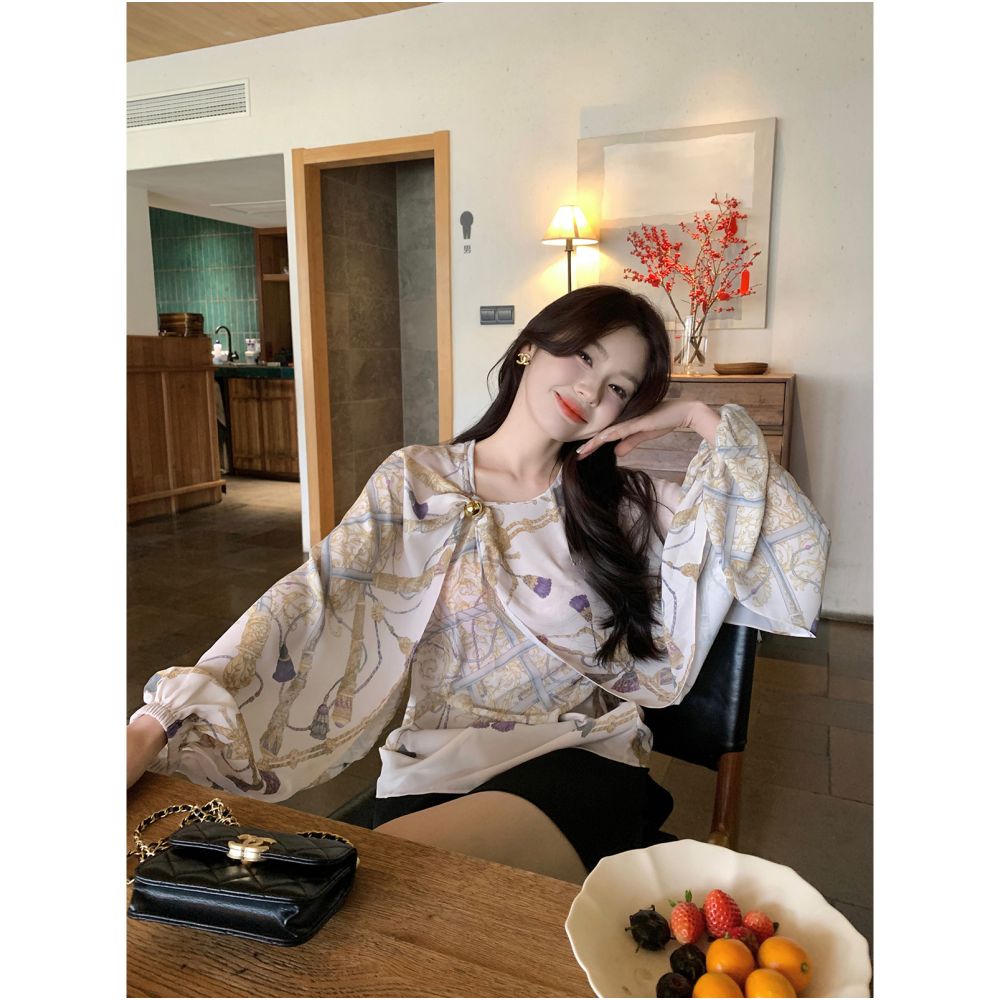 Syeee Helen print design sense golden ball top for women s spring loose fashion irregular cape image 2