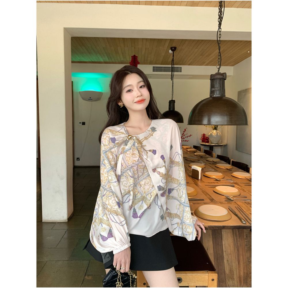 Syeee Helen print design sense golden ball top for women s spring loose fashion irregular cape image 0