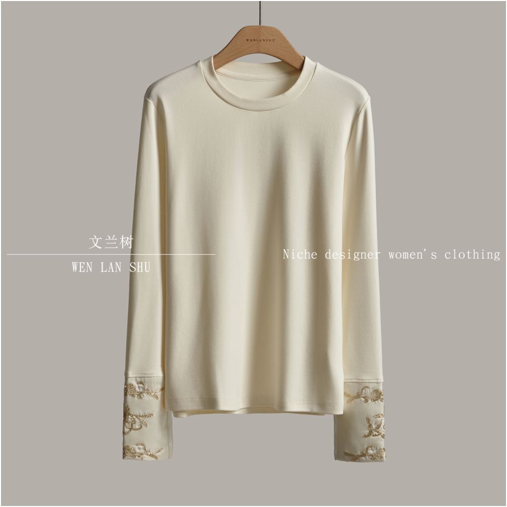 2025 Early Autumn Women s Clothing Chinese Style New Chinese Style Gilded Gold Embroidered Spliced Sleeve Long Sleeve T shirt with Inner Undercover Top image 2