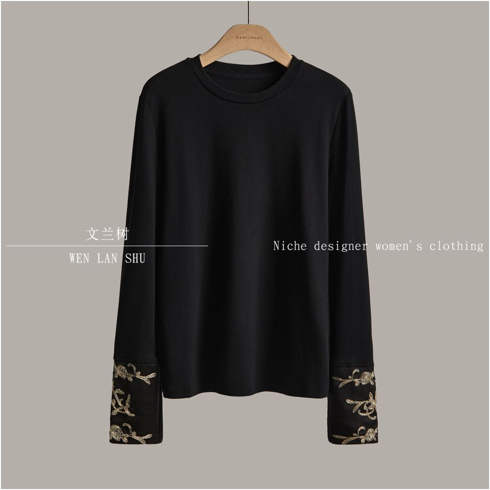 2025 Early Autumn Women s Clothing Chinese Style New Chinese Style Gilded Gold Embroidered Spliced Sleeve Long Sleeve T shirt with Inner Undercover Top image 3