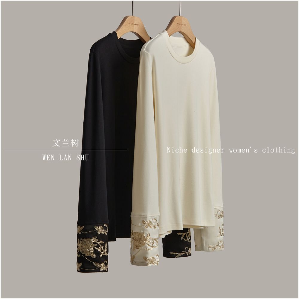 2025 Early Autumn Women s Clothing Chinese Style New Chinese Style Gilded Gold Embroidered Spliced Sleeve Long Sleeve T shirt with Inner Undercover Top image 0
