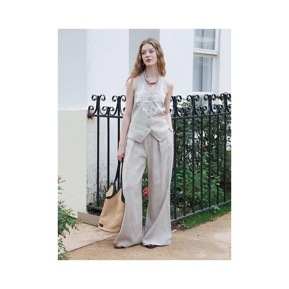 MioraStudio French Linen V neck Embroidered Lace Top Old Money H shaped Suit Vest Set Women s Summer image 5