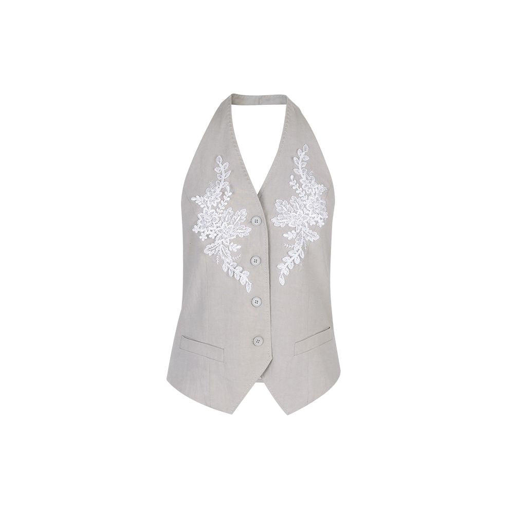 MioraStudio French Linen V neck Embroidered Lace Top Old Money H shaped Suit Vest Set Women s Summer image 6