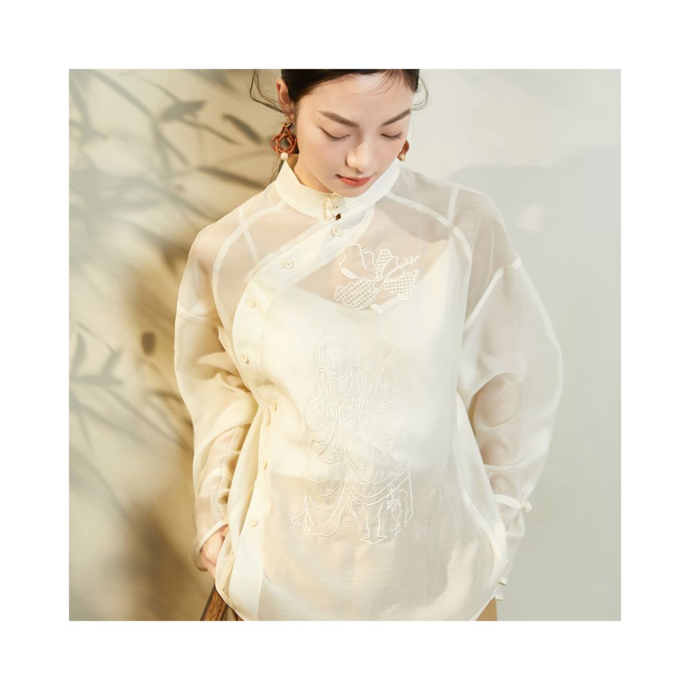 Same style straw Xi Spring and Autumn new retro Chinese style button down shirt for women with slanted placket embroidered slimming top in the mall image 4