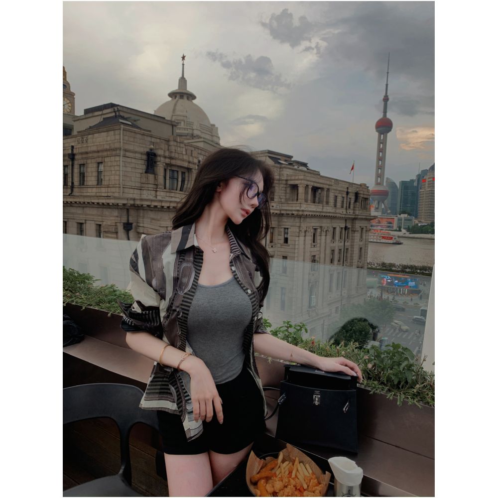 Kikimi old money relaxed feeling H home leather button printed shirt women s early autumn French petite bourgeoisie small top image 2