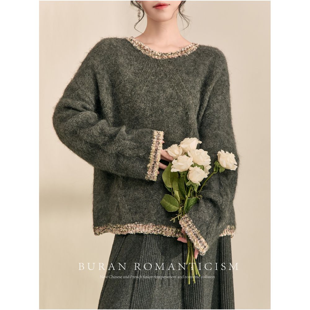 2025 Spring Grey Sweater Women s Autumn Winter Hoodie French Retro Gentle Lazy Style High End Feeling Super Beautiful Knitted Sweater image 2