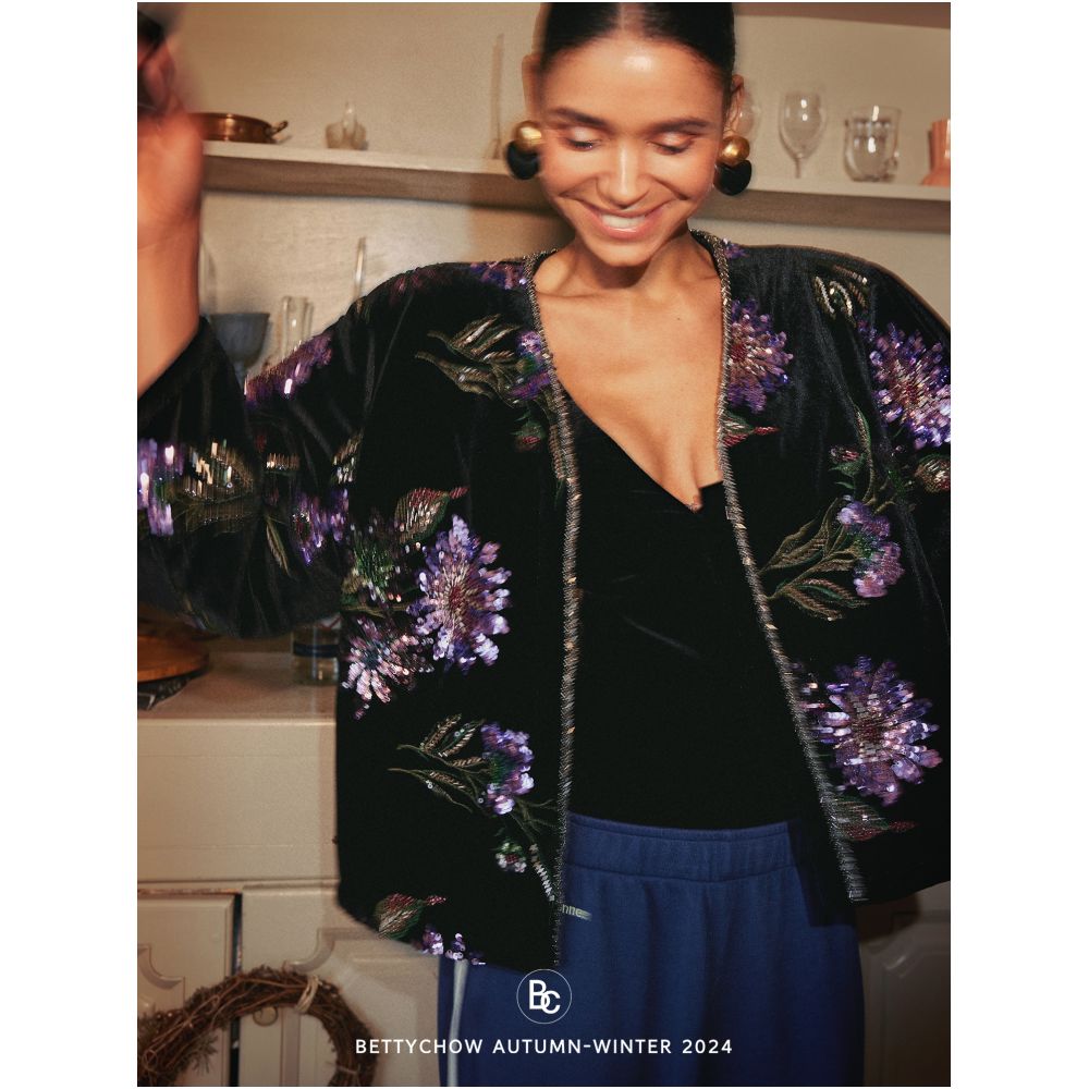 Bettychow New Chinese Style Purple Embroidered Beads Black Velvet New Year Cotton Clothes Fashionable New Year Coat image 0