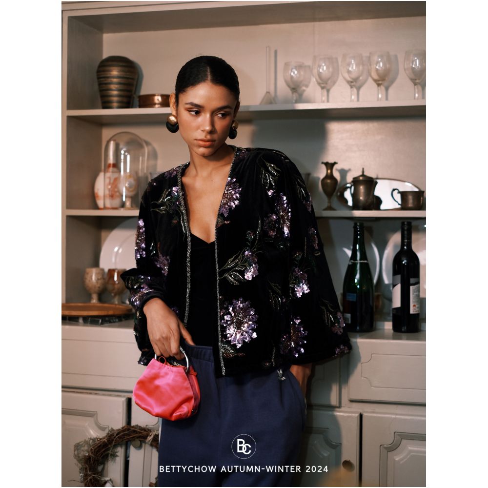 Bettychow New Chinese Style Purple Embroidered Beads Black Velvet New Year Cotton Clothes Fashionable New Year Coat image 3