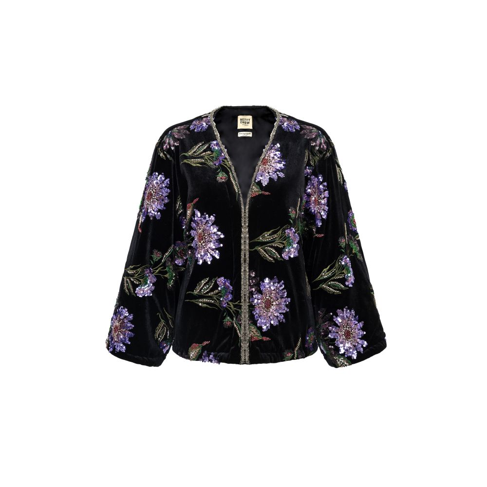 Bettychow New Chinese Style Purple Embroidered Beads Black Velvet New Year Cotton Clothes Fashionable New Year Coat image 4