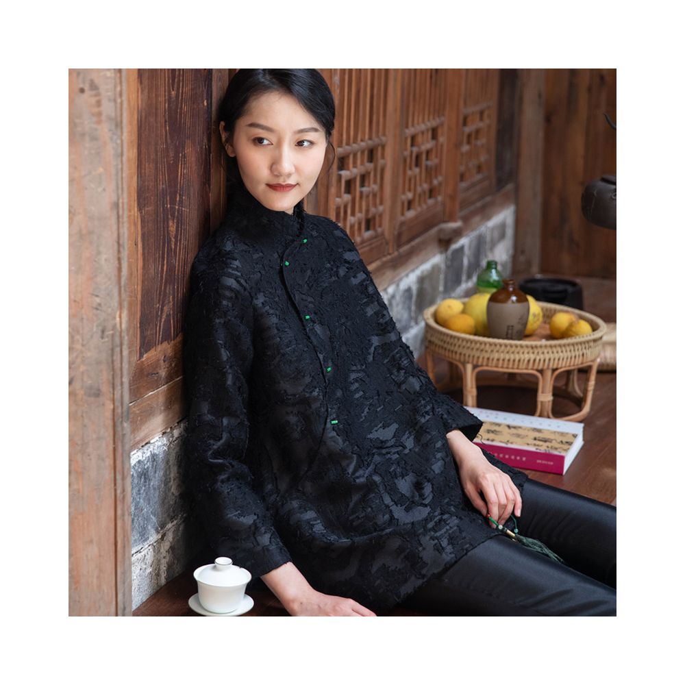 Phietang New Chinese style lace stand up collar retro jacquard A line version slimming slant collar jacket Tang style top for women image 3