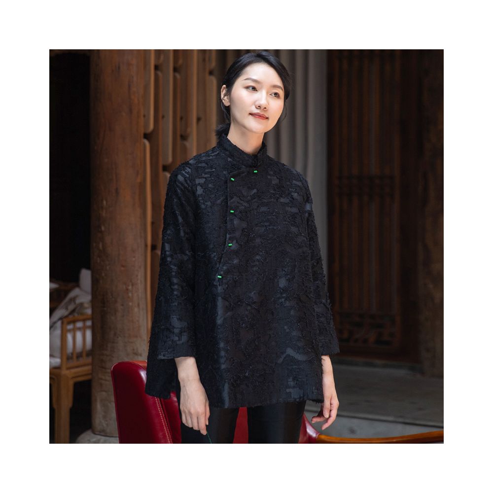 Phietang New Chinese style lace stand up collar retro jacquard A line version slimming slant collar jacket Tang style top for women image 4