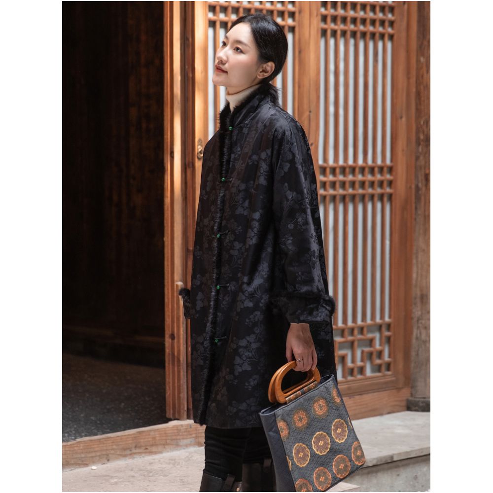 Silk jacquard Chinese style open collar mink fur medium long style retro loose winter cotton coat Tang style women s coat image 1