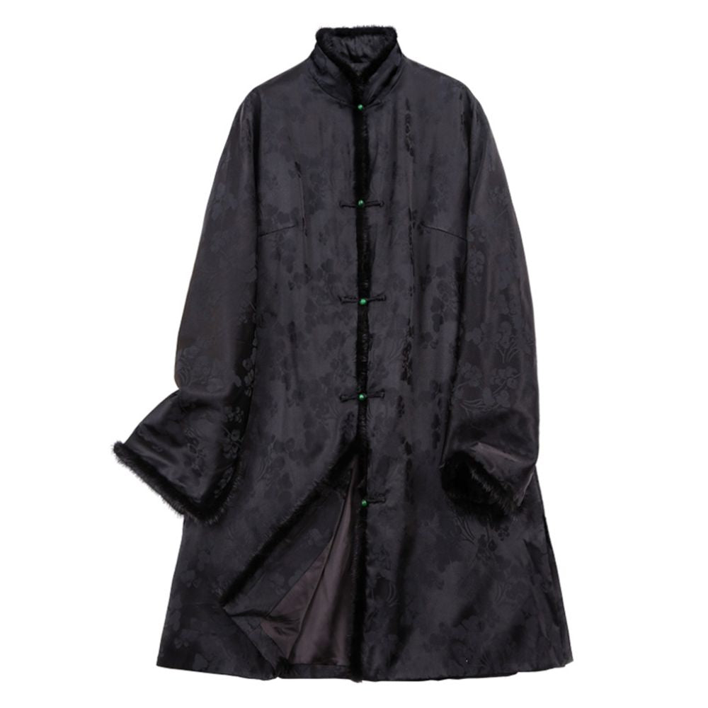 Silk jacquard Chinese style open collar mink fur medium long style retro loose winter cotton coat Tang style women s coat image 4