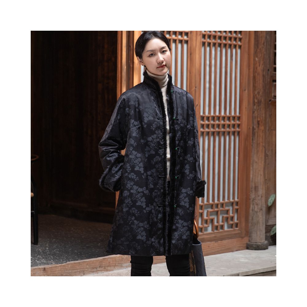 Silk jacquard Chinese style open collar mink fur medium long style retro loose winter cotton coat Tang style women s coat image 5