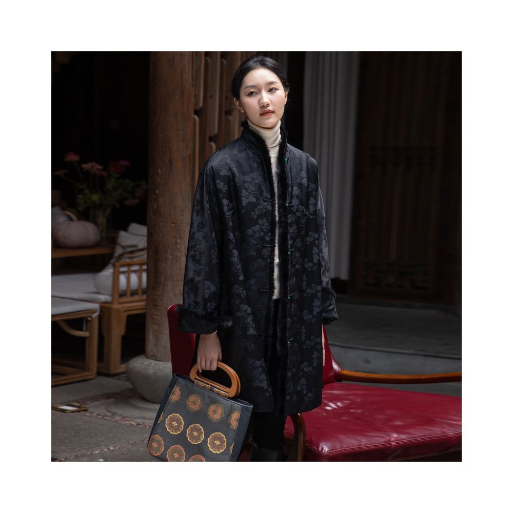 Silk jacquard Chinese style open collar mink fur medium long style retro loose winter cotton coat Tang style women s coat image 9