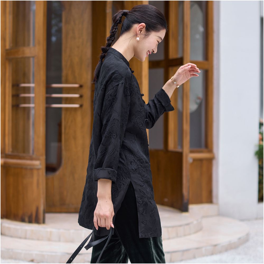 Phietang silk wool jacquard Chinese style open collar mid length Chinese retro loose single garment Tang style women s autumn top image 4