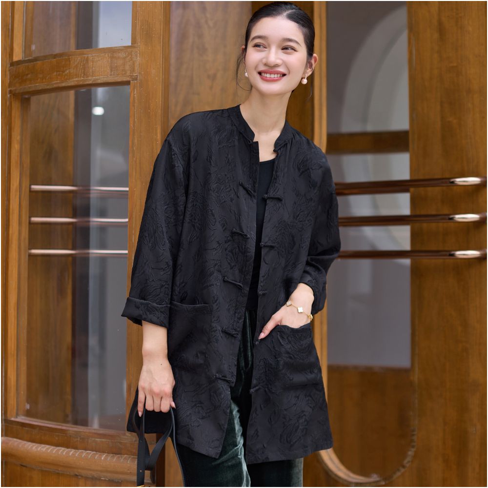 Phietang silk wool jacquard Chinese style open collar mid length Chinese retro loose single garment Tang style women s autumn top image 0