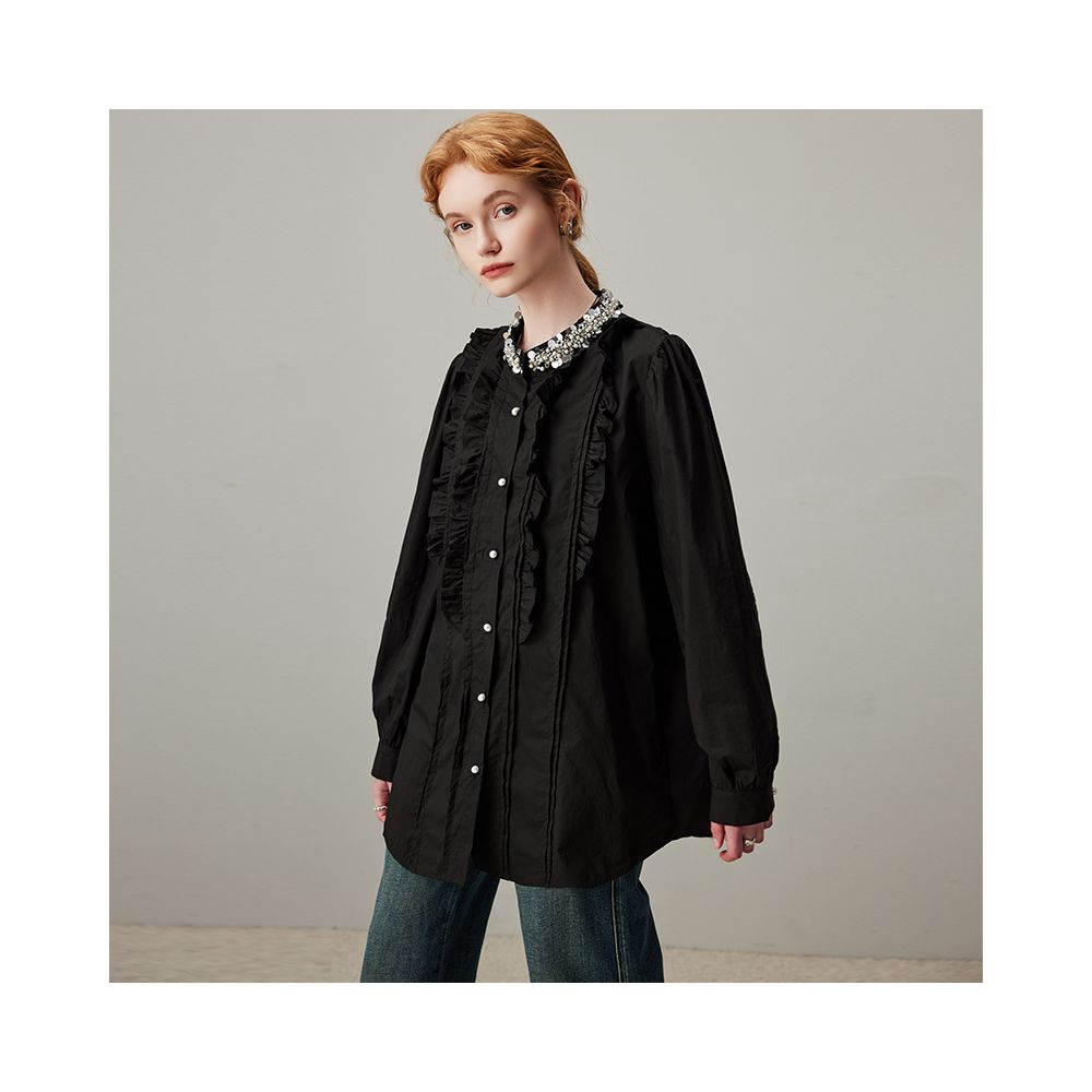 DFVC black pure cotton long sleeved shirt for women autumn 2025 new item nail bead fungus edge loose and slimming shirt thin image 3