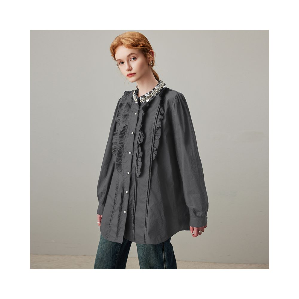 ASAYA5183 – Pearl Noir Ruffle Shirt 🖤✨