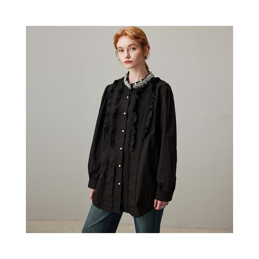 DFVC black pure cotton long sleeved shirt for women autumn 2025 new item nail bead fungus edge loose and slimming shirt thin image 7