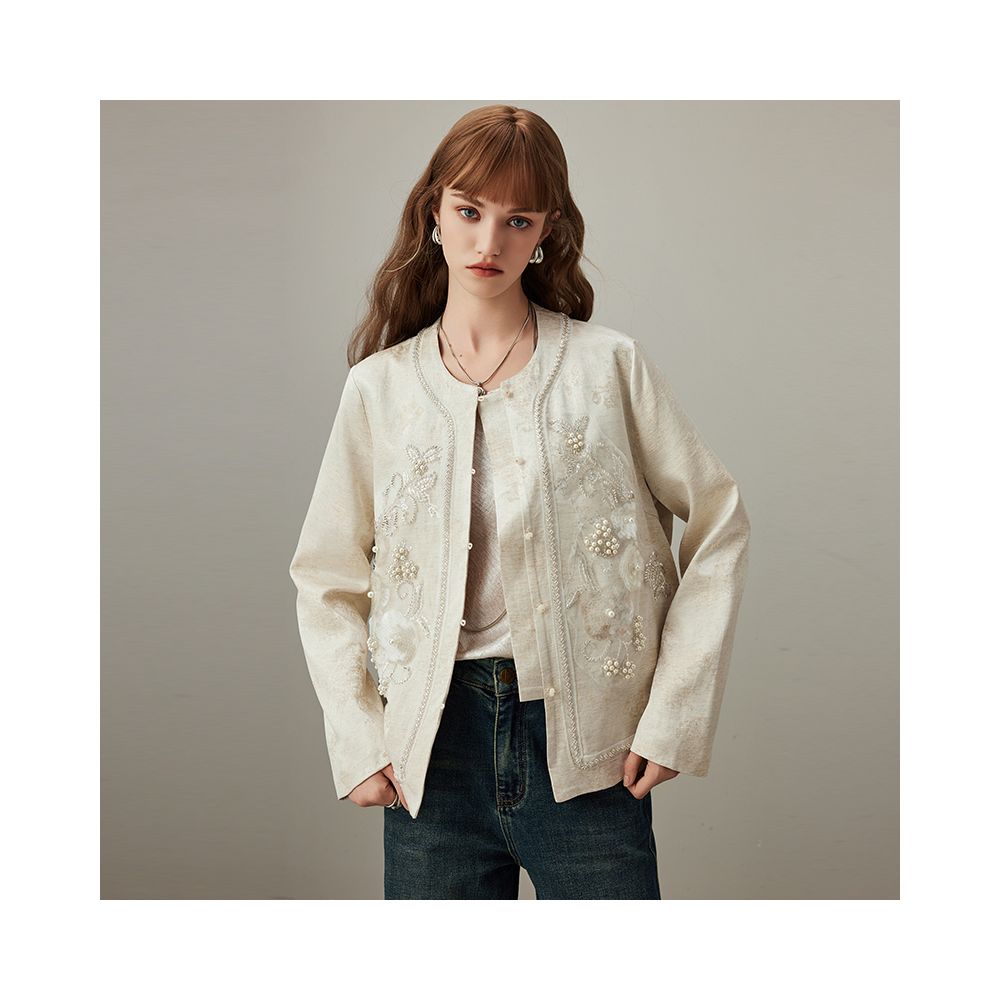 DFVC linen new Chinese style short jacket for women autumn 2025 new heavy industry nail bead loose top image 2