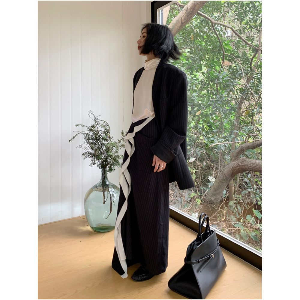 MUALLYCHEN outstanding posture runway striped wool suit long skirt agile ruffle edge wrapped hip skirt image 1