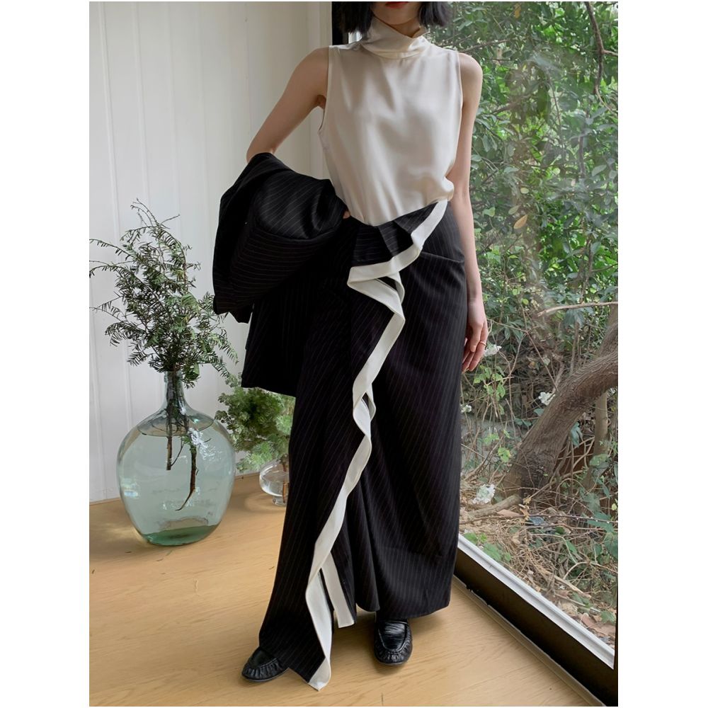 MUALLYCHEN outstanding posture runway striped wool suit long skirt agile ruffle edge wrapped hip skirt image 2