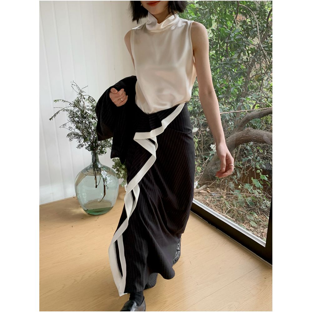 MUALLYCHEN outstanding posture runway striped wool suit long skirt agile ruffle edge wrapped hip skirt image 6