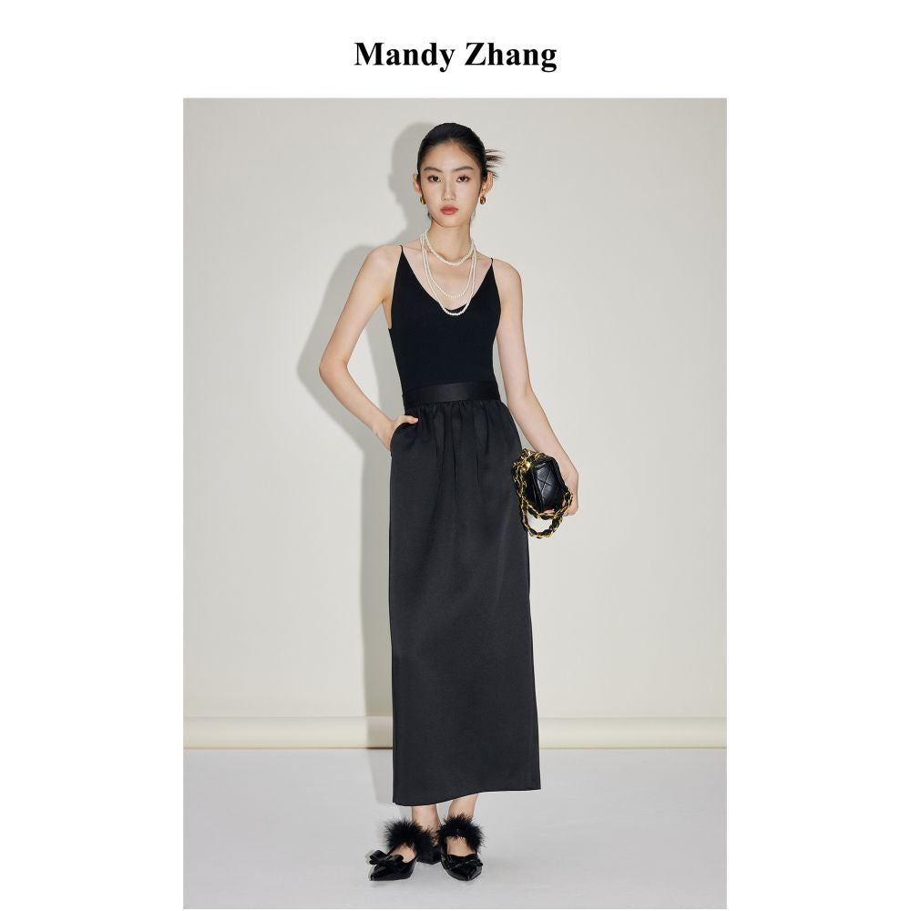 Mandy Zhang black satin pleated design flower bud straight tube skirt for women reducing age and slimming temperament skirt autumn image 1